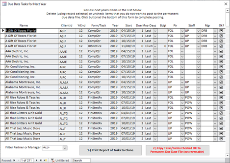 Due Date Tasks for Next Year
